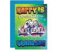 Playful 18th Birthday Card for Grandson - Level Up Their Big Day - Bold Gaming Themed Design in Vibrant Green, Blue and Purple - A5, Envelope Included