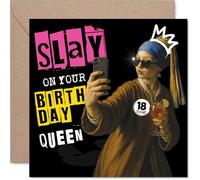 Playful 18th Birthday Card - Slay All Day Vibes - Modern Selfie Queen Artwork in Bold Pinks and Blues - Celebrate Turning 18 in Style - 145mm Square, Envelope Included