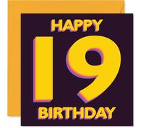 Playful 19th Birthday Card - Bright and Bold Way to Mark Turning Nineteen - Vibrant Yellow on Deep Purple Design - 145mm Square, Envelope Included