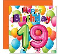 Playful 19th Birthday Card - Bursting with Birthday Cheer - Colourful Balloons and Stars Design - Adds a Festive Pop to Their 19th Celebration - 145mm Square, Envelope Included