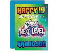 Playful 19th Birthday Card for Grandson - Level Up Your 19th Birthday - Vibrant Gaming Controller Design with Bold Colours - A5, Envelope Included