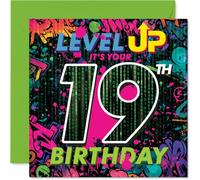 Playful 19th Birthday Card - Game on for Turning Nineteen - Vibrant Neon Graffiti Gaming Design - Perfect for Levelling Up the Big Day - 145mm Square, Envelope Included