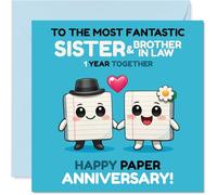 Playful 1st Anniversary Card for Sister & Brother In Law - Celebrating a Brilliant Year Together - Cute Couple Characters in Pink and Blue - 145mm Square, Envelope Included