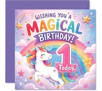 Playful 1st Birthday Card - A Sprinkle of Magic for Their Big Day - Smiling Unicorn with Rainbow, Stars and Hearts - 145mm Square, Envelope Included