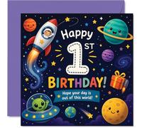 Playful 1st Birthday Card - Blast off into Birthday Fun - Colourful Rocket, Planets and Friendly Alien Scene - 145mm Square, Envelope Included