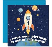 Playful 1st Birthday Card - Blast off into Birthday Fun - Colourful Rocket Zooms Through a Starry Space Scene - 145mm Square, Envelope Included