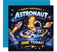 Playful 1st Birthday Card - Blast off to a Stellar First Birthday - Cheerful Astronaut in Colourful Space Scene - Perfect for Little Adventurers - 145mm Square, Envelope Included
