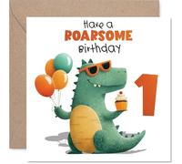 Playful 1st Birthday Card - Bring on the Giggles - Cheery Dinosaur with Balloons and Cupcake Party Fun - A Roarsome Way to Mark Turning One - 145mm Square, Envelope Included