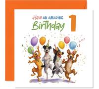 Playful 1st Birthday Card - Bursting with Birthday Fun - Playful Dogs and Balloons in a Colourful Party Scene - Guaranteed to Delight Little Ones - 145mm Square, Envelope Included