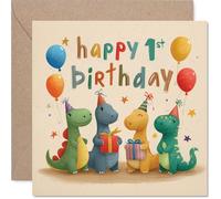 Playful 1st Birthday Card - Dino Party Fun - Colourful Dinosaurs, Balloons and Gifts Scene - Lively Design for a First Milestone - 145mm Square, Envelope Included