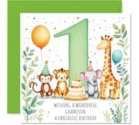 Playful 1st Birthday Card for Grandson - Bursting with Birthday Cheer - Cute Animals Celebrating in a Splash of Bright Colours - 145mm Square, Envelope Included