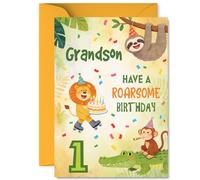 Playful 1st Birthday Card for Grandson - Roar into Turning One - Jungle Party Animals in Roller-skates and Hats - Full of Bright Colours and Birthday Cheer - A5, Envelope Included