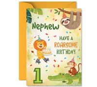 Playful 1st Birthday Card for Nephew - Roarsome Wishes for a Wild First! - Colourful Jungle Animals and Confetti Party Scene - A5, Envelope Included
