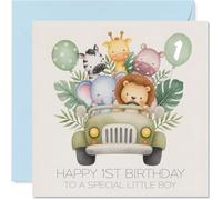 Playful 1st Birthday Card - Joyful Animal Parade - Cute Creatures, Balloons and Pastel Car Mark the Big Milestone - 145mm Square, Envelope Included