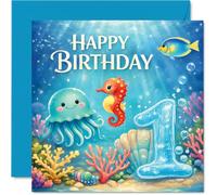 Playful 1st Birthday Card - Make a Splash on Their Big Day - Cheerful Underwater Scene with Sea Creatures and Bold '1' - 145mm Square, Envelope Included