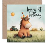 Playful 1st Birthday Card - Party Hat Horse Brings Birthday Giggles - Pastel Farmyard Scene for Animal-loving Little Ones - 145mm Square, Envelope Included