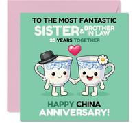 Playful 20th Anniversary Card for Sister & Brother In Law - Cheers to Two Brilliant Cups - Adorable Cartoon Mug Duo Celebrates 20 Years - 145mm Square, Envelope Included