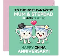 Playful 20th Anniversary Card for Stepdad & Mum - Celebrating 20 Years of Togetherness - Adorable Hand-holding Cups Design for Your Stepdad & Mum - 145mm Square, Envelope Included
