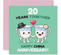 Playful 20th Anniversary Card - Playful Cheers to Two Decades - Cute Cups Holding Hands with a Bright, Cheerful Design - 145mm Square, Envelope Included