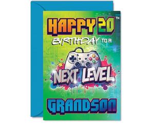 Playful 20th Birthday Card for Grandson - Level Up Your Birthday - Vibrant Gaming Controller Design in Bold Colours - 5x7 Inch, Envelope Included