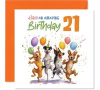 Playful 21st Birthday Card - Bursting with Birthday Cheer - Playful Dogs, Balloons and Confetti in a Lively Celebration Scene - 145mm Square, Envelope Included