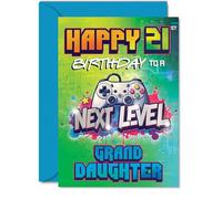Playful 21st Birthday Card for Granddaughter - Level Up the Fun - Vibrant Gaming Controller Design in Bold Greens and Blues - 5x7 Inch, Envelope Included