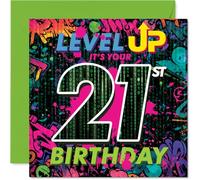 Playful 21st Birthday Card - Level Up to 21 - Neon Gaming Celebration Card with Bold Graphics - Epic Way to Mark a Milestone Birthday - 145mm Square, Envelope Included
