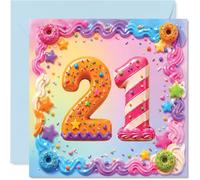 Playful 21st Birthday Card - Sprinkle-topped Celebration - Bright Pastel '21' with Doughnuts and Stars - 145mm Square, Envelope Included