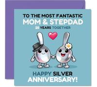 Playful 25th Anniversary Card for Stepdad & Mum - Spooning Since Day One - Cartoon Spoons Design for a Cheerful Silver Anniversary - 145mm Square, Envelope Included