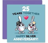 Playful 25th Anniversary Card - Two Spoons Celebrating 25 Years - Joyful Cartoon Couple with Silver Anniversary Vibe - 145mm Square, Envelope Included