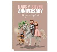 Playful 25th Anniversary Card, Whimsical Horse-riding Couple Illustration