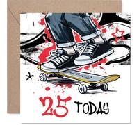 Playful 25th Birthday Card - Kickflip into 25 - Skateboarder in Action with Vibrant Red and Yellow Splashes - 145mm Square, Envelope Included