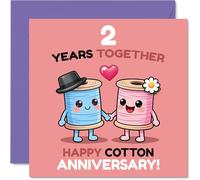 Playful 2nd Anniversary Card - Threaded with Love - Adorable Sewing Spools Couple Illustration - Celebrate Two Years of Cotton Anniversary Fun - 145mm Square, Envelope Included