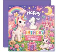 Playful 2nd Birthday Card - A Magical Day Awaits - Smiling Unicorns, Rainbows and a Pastel Fairytale Castle - Dream Big and Celebrate with Sparkle - 145mm Square, Envelope Included
