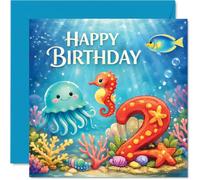 Playful 2nd Birthday Card - Big Birthday Splash - Colourful Underwater Party Scene with Cheerful Sea Creatures - 145mm Square, Envelope Included