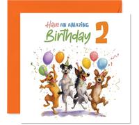 Playful 2nd Birthday Card - Bursting with Birthday Cheer - Four Party-loving Dogs, Balloons and Confetti - 145mm Square, Envelope Included