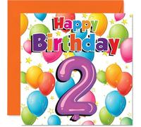 Playful 2nd Birthday Card - Bursting with Birthday Cheer - Colourful Balloons and Stars Design with Big Bold '2' - 145mm Square, Envelope Included