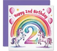 Playful 2nd Birthday Card - Bursting with Birthday Magic - Two Unicorns, Rainbow and Balloons in Pastel Pinks - 145mm Square, Envelope Included