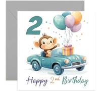 Playful 2nd Birthday Card for Boy or Girl, 'Vroom Vroom' Monkey Driving Car, Animated Sports Car Design, for Friend Family Nephew Niece Grandchild, Blank Inside with Envelope