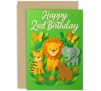 Playful 2nd Birthday Card for Child, Smiling Lion Elephant Tiger Capybara Gift, Adorable Graphic Design, for Son Dauighter Niece Nephew Grandchild, Blank Inside with Envelope