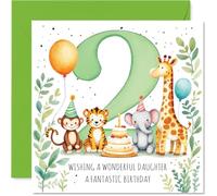 Playful 2nd Birthday Card for Daughter - Bursting with Birthday Cheer - Cute Animals, Balloons and Cake Surround a Big Bold Number 2-145mm Square, Envelope Included