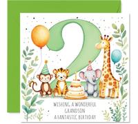 Playful 2nd Birthday Card for Grandson - Bursting with Birthday Fun - Cute Animals, Colourful Balloons and Cake in a Lively Celebration Scene - 145mm Square, Envelope Included