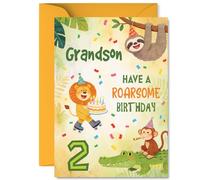 Playful 2nd Birthday Card for Grandson - Bursting with Cheer - Colourful Animal Party with Lion, Sloth, Monkey and Crocodile - A5, Envelope Included