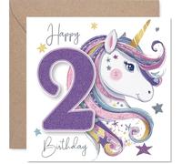 Playful 2nd Birthday Card - Magical Unicorn and Glittery Gold Number - Bursting with Stars and Bright Birthday Cheer - 145mm Square, Envelope Included