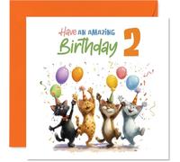 Playful 2nd Birthday Card - Purr-fect Party Vibes - Four Cheerful Cats with Balloons and Confetti - Bursting with Birthday Fun for Little Ones - 145mm Square, Envelope Included