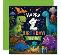 Playful 2nd Birthday Card - Roaring Birthday Fun - Colourful Dinosaurs Partying with Balloons and Hats - Dino-mite Cheer for Little Ones - 145mm Square, Envelope Included