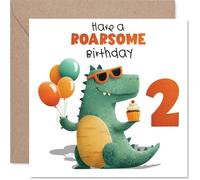 Playful 2nd Birthday Card - Roarsome Fun for a Big Day - Green Dinosaur with Balloons and Cupcake - Cheerful Design That Brings Smiles - 145mm Square, Envelope Included