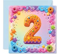 Playful 2nd Birthday Card - Sprinkle-tastic Birthday Fun - Giant Doughnut Number 2 Bursting with Rainbows, Stars and Sweet Treats - 145mm Square, Envelope Included