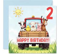 Playful 2nd Birthday Card - Tractor Party Fun - Bright Farmyard Animals Celebrating on a Colourful Tractor - Guaranteed to Make Little Ones Smile - 145mm Square, Envelope Included