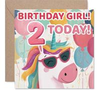 Playful 2nd Birthday Card - Unicorn in Sunglasses Brings the Party - Colourful Balloons and 'BIRTHDAY GIRL! 2 TODAY!' Text - 145mm Square, Envelope Included